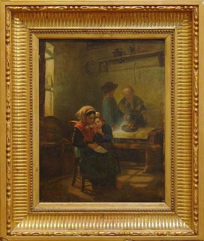 DOUTRELEAU Agathe (1847-1880) Mère et son enfant Huile sur toile signée en bas à...