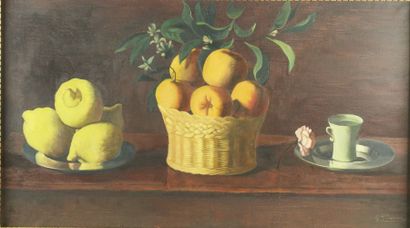 PICHON Georges Marcel Jean (né en 1920) Nature morte aux citrons Huile sur toile,...