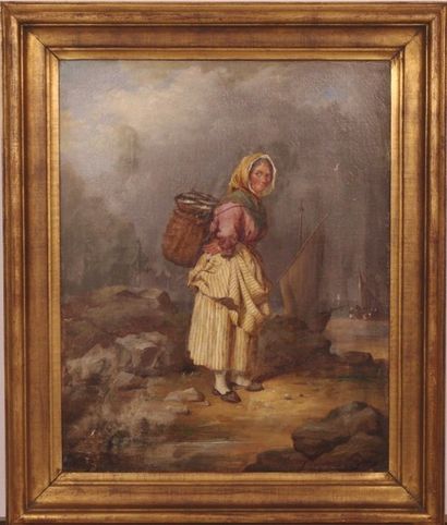 null PARKER Henry Perlee (1795-1873) Femme portant un panier de poissons HST 50 x...