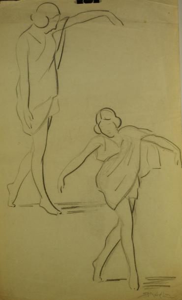 MAHELIN Robert "La danse" Huit croquis à la pierre noire, signature ou cachet d'atelier...