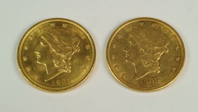 null Etats-Unis : 20 dollars. Type Liberté : 2 ex (1902-1904), Les 2 monnaies TTB...
