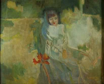  LUONG XUAN NHI jeune femme à l'Iris 
Huile sur toile 
69 x 84 cm  Gazette Drouot