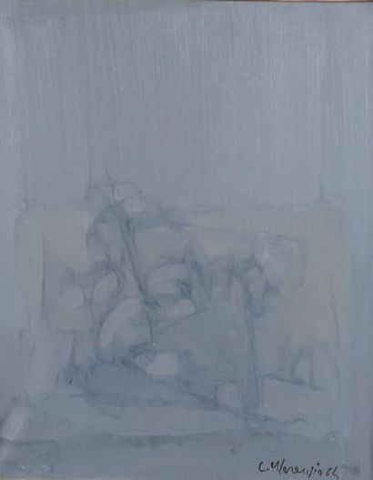 Carlo MARANGIO (né en 1936) Intérieur, fond bleu, 1964 Huile sur toile signée et...
