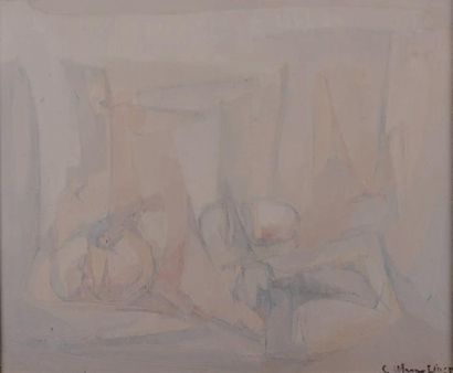 Carlo MARANGIO (né en 1936) Intérieur, fond gris, 1965 Huile sur toile signée et...