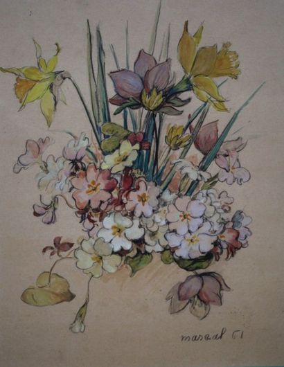 MARGAL NATURE MORTE AUX FLEURS Deux aquarelles formant pendant, une signée et datée...