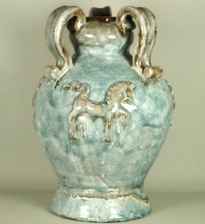 F BIZETTE vase pansu en céramique émaillée dans les tons de bleu nuancé ocre, trois...