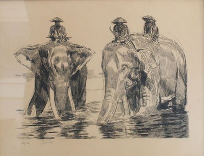 Paul JOUVE (1878-1973) Les éléphants de Madura gravure signée en bas à gauche et...
