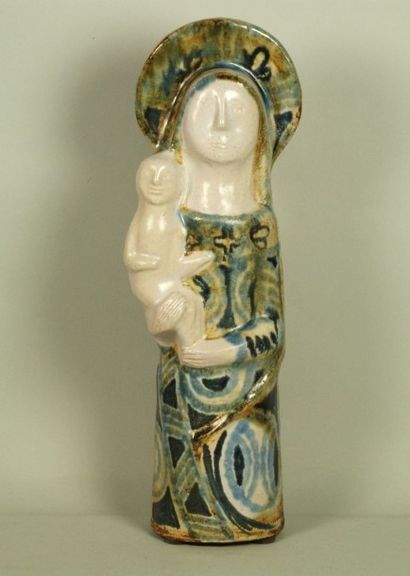Jean DERVAL (Né en 1925) Vierge à l'enfant en céramique émaillée dans des tons bleu...