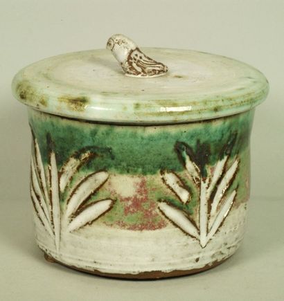 THIRY (1932-2009) Pot couvert de forme cylindrique en céramique émaillée à décor...