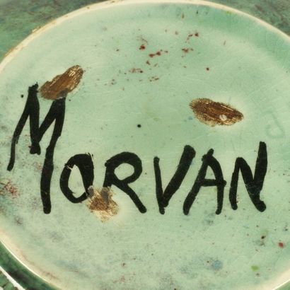 MORVAN Coupe à deux prises cylindrique en céramique émaillée à décor de coulures...