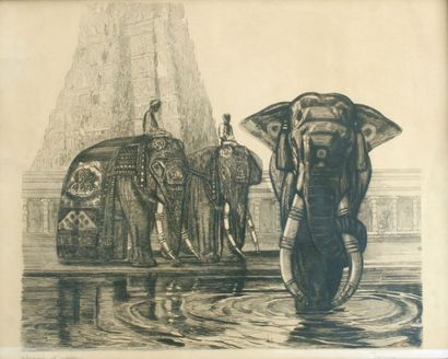 Paul JOUVE (1878-1973) Eléphants caparaçonnés gravure épreuve d'essai signée en bas...