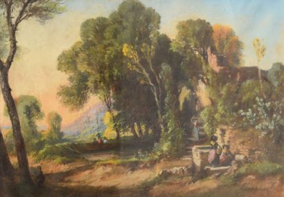 Vincent COURDOUAN (1810-1893) Paysannes italiennes à la fontaine Pastel Signé en...