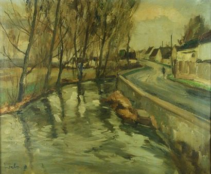 Fernand HERBO (1905-1995) Village au bord de l'eau, circa 1935 Huile sur toile Signée...
