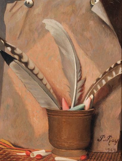 null Vase et plumes, 1949 Huile sur toile Signée en bas à droite et datée 24 x 19...