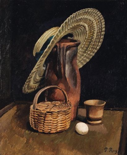 null Nature morte au chapeau et à l'oeuf Huile sur toile (rentoilée) Signée en bas...