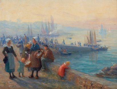 Alfred GUILLOU (1844-1926) Le retour de la pêche Huile sur toile, signée en bas à...