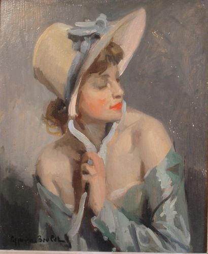 Cyprien Eugène BOULET (1877-1972) Femme au chapeau Huile sur isorel 46 x 38 cm