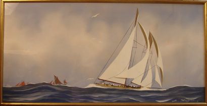 Léon HAFFNER Léon ( 1881 - 1972) Yacht et bateaux de pêche Pochoir 39 x 79 cm