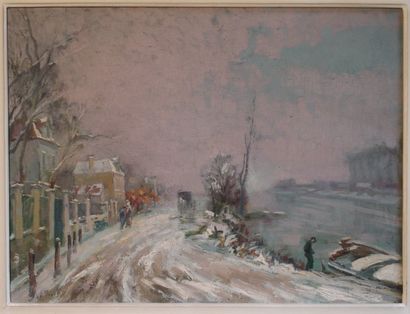Elie-Anatole PAVIL (1873-1944) Promenade sous la neige le long des quais Huile sur...