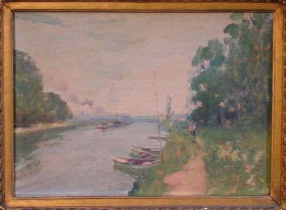 Elie-Anatole PAVIL (1873-1944) Promenade au bord de la rivière Huile sur panneau,...