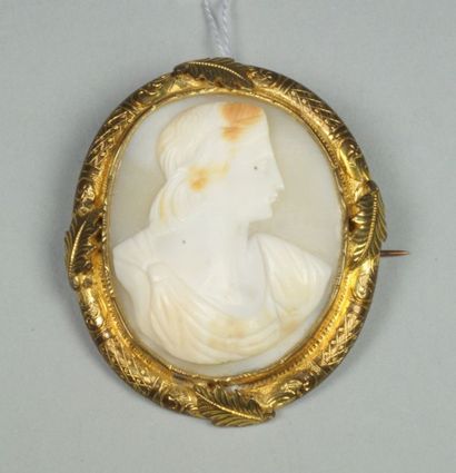 null Broche ornée d'un camée sur coquillage à décor de profil d'homme à l'antique,...