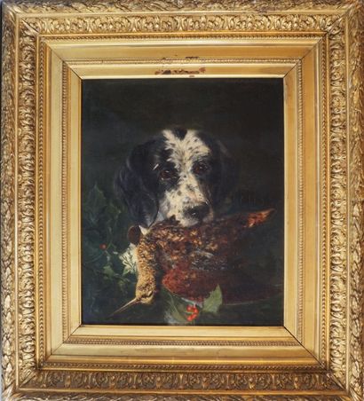 Gaston DE MONNECOVE (1836-?) Chien de chasse et gibier, huile sur toile signée en...