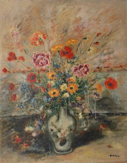 ANTCHER Bouquet de fleurs huile sur carton signée 55 x 43 cm
