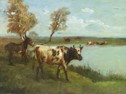LANGEVIN LANGEVIN Vaches dans un prés huile sur toile, on y joint une toile sur le...
