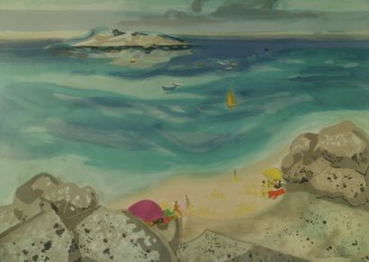 LAMBERT Georges LAMBERT La plage aquarelle signée au crayon 64 x 75 cm