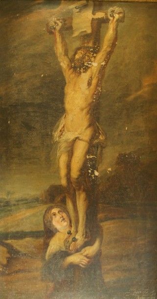 null Christ en croix huile sur toile, on y joint une toile symboliste 114 x 61 /...