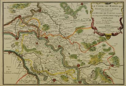 RHIN Gravure en couleur représentant une carte du cours du Rhin depuis Rheinberg...