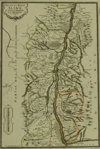 ALSACE Gravure en noir représentant une carte des haute et basse Alsace 41,5x28,5...