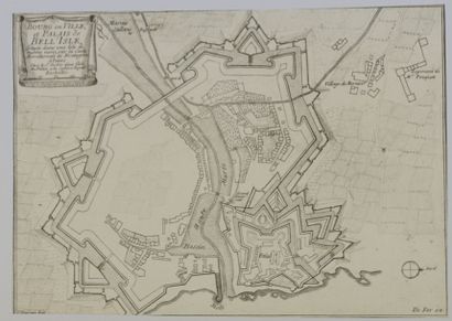 BELLE ILE Gravure en noir représentant un plan du bourg ou ville et palais de Bell'Isle...