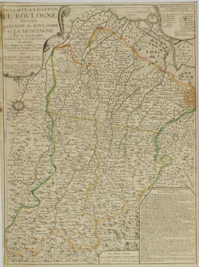 BOULOGNE Gravure en couleur représentant une carte légendée du comté et legaton de...