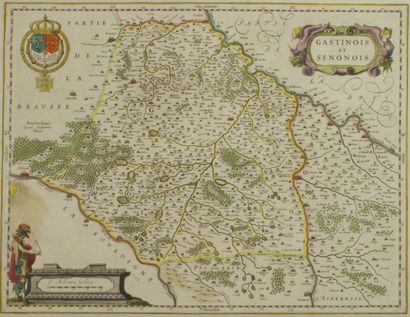 GASTINOIS Gravure en couleur représentant une carte de Gastinois et Senonois 48,5x60...