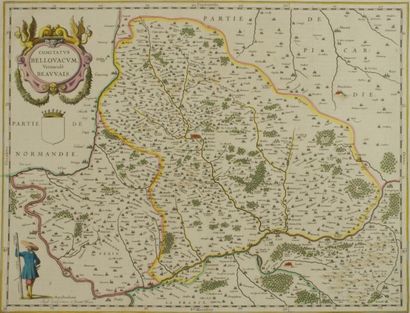 BEAUVAIS Gravure en couleur représentant une carte des environs de Beauvais 48x60...