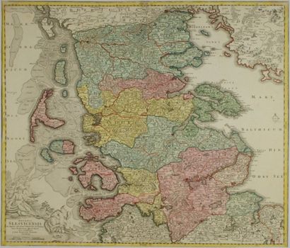 DANEMARK Gravure en couleur représentant une carte d'une partie du Danemark 52,5x63...