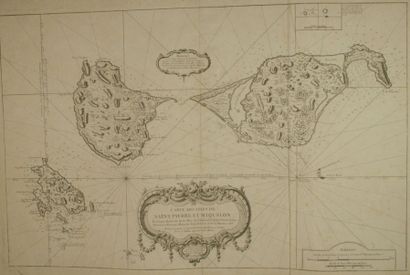 SAINT PIERRE ET MIQUELON Gravure en noir représentant une carte maritime des îles...