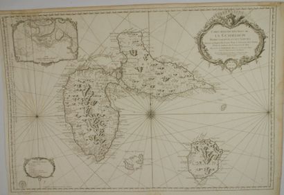 GUADELOUPE Gravure en noir représentant une carte maritime des isles de la Guadeloupe...