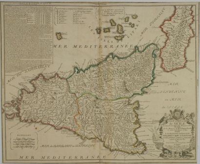 SICILE Gravure en couleur représentant une carte de la Sicile 47,5x59,5 cm