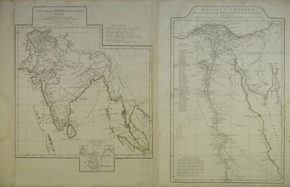 INDES - EGYPTE Gravure en noir représentant deux cartes, à gauche une carte des Indes...
