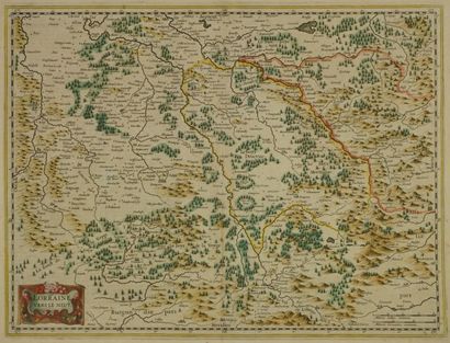 LORRAINE Gravure en couleur représentant une carte en couleur de la Lorraine (1631)...