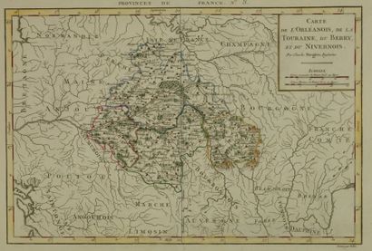 null Gravure en noir représentant une carte de l'Orléanois, de la Touraine, du Berry...