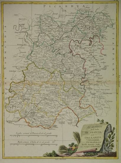 ORLEANS Gravure en couleur représentant une carte de l'Orléanois 51x38