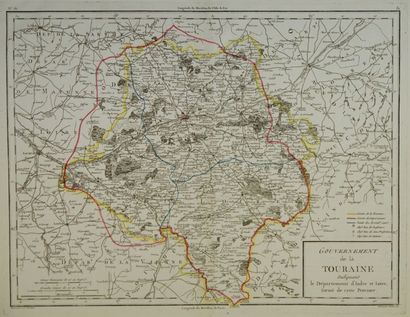 Touraine Gravure en couleur représentant une carte de la Touraine (1806) 43,5x56...