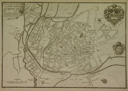 Bourges Gravure en noir représentant une carte de plan et des fauxbourgs de Bourges...