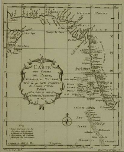 PERSE Gravure en noir représentant une carte "des costes de Perse, Gusarat, et Malabar"...