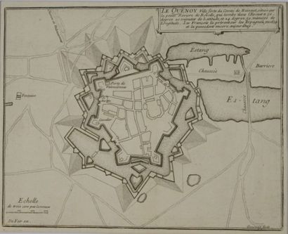 null Gravure en noir représentant un plan de la ville forte "Le Quênoy" 24x30 cm