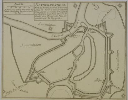 DENDERMONDE Gravure en noir représentant un plan des fortifications de la ville de...