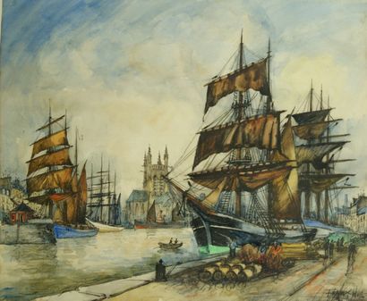 FRANK WILL (1900-1951) Vue d’un port aquarelle signée en bas à droite 45, 5 X 54,...